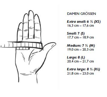Illustration zur Messung der Handgröße für Damenhandschuhe mit Skala von Extra Small (16,3 cm) bis Extra Large (23,0 cm)