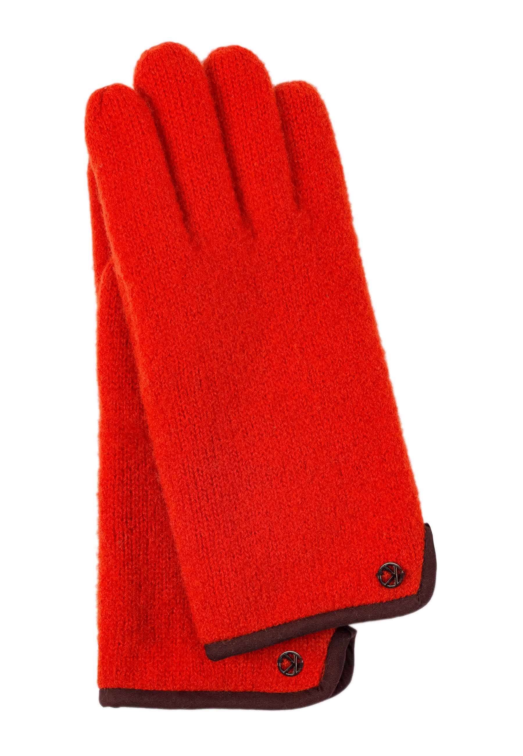 Ein Paar rote Wollhandschuhe mit braunem Saum, ideal für kalte Wintertage