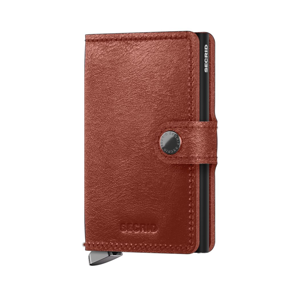 Brieftasche Secrid Miniwallet aus cognacfarbenem Leder mit Knopfverschluss