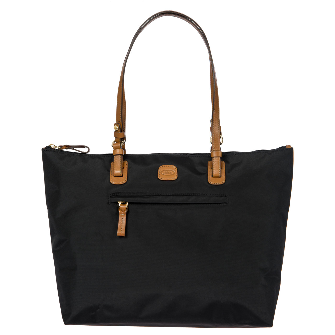Moderne schwarze Handtasche mit braunen Lederhenkeln und Frontfach
