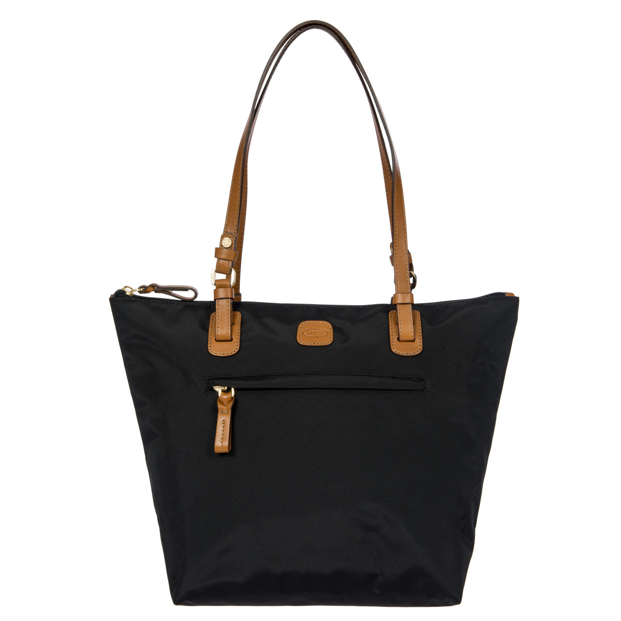 Schwarze Handtasche mit braunen Ledergriffen und Reißverschluss